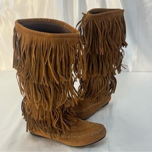 Hot Cakes Tiered Fringe Faux Suede Moccasin Style Mid Calf Boots in Brown